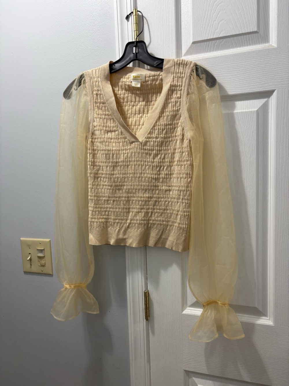 Maeve Anthropologie Sheer Sleeve V-Neck Knit Top In Cream Size Small